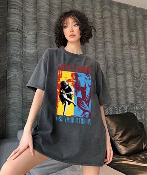 Yıkamalı Guns N Roses Use Your Illusion Baskılı Unisex Oversize Eskitme T-shirt