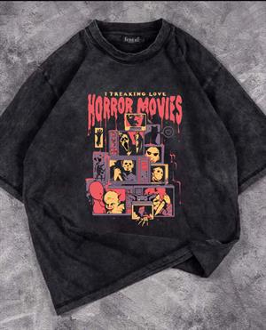 Yıkamalı Horror Movies Baskılı Unisex Oversize Vintage Eskitme T-shirt