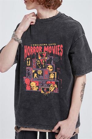 Yıkamalı Horror Movies Baskılı Unisex Oversize Vintage Eskitme T-shirt