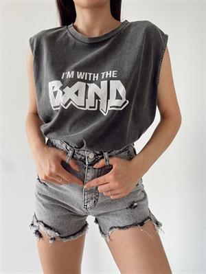 Yıkamalı Im With The Band Baskılı Unisex Oversize Vintage Eskitme Kolsuz T-shirt