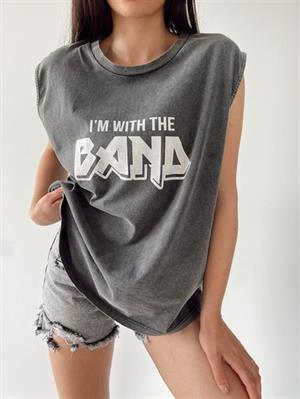 Yıkamalı Im With The Band Baskılı Unisex Oversize Vintage Eskitme Kolsuz T-shirt