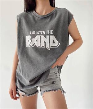 Yıkamalı Im With The Band Baskılı Unisex Oversize Vintage Eskitme Kolsuz T-shirt
