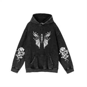 Yıkamalı Kumaş Gothic Butterfly Kapüşonlu Hoodie Sweatshirt