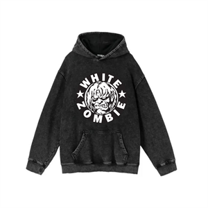 Yıkamalı Kumaş Rock Serisi White Zombie Kapüşonlu Hoodie Sweatshirt
