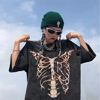 Yıkamalı Kumaş Skeleton Unisex Oversize T-shirt