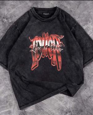 Yıkamalı Love Is War Baskılı Unisex Oversize Eskitme T-shirt
