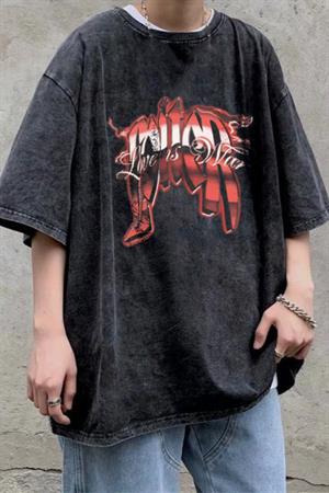 Yıkamalı Love Is War Baskılı Unisex Oversize Eskitme T-shirt