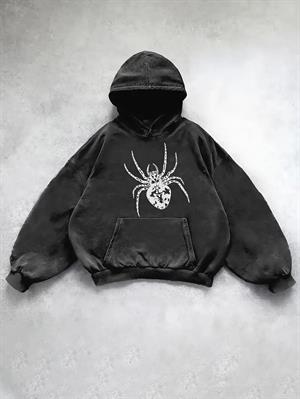 Yıkamalı Örümcek Baskılı Vintage Kapüşonlu Sweatshirt