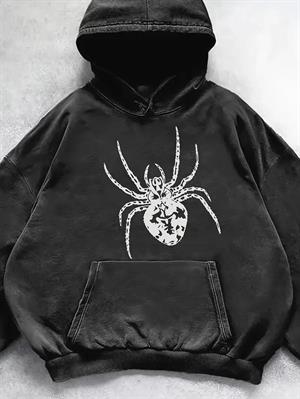 Yıkamalı Örümcek Baskılı Vintage Kapüşonlu Sweatshirt