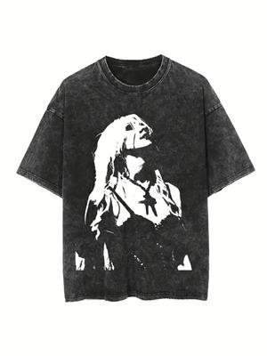 Yıkamalı Portre Baskılı Unisex Oversize Vintage T-shirt