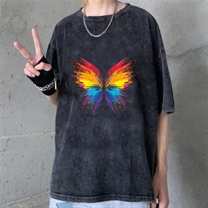 Yıkamalı Rainbow Butterfly Unisex Eskitme T-shirt