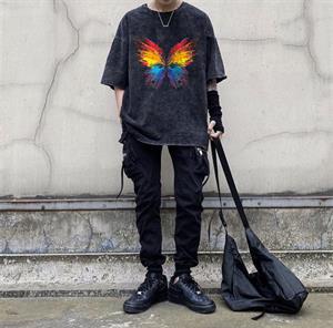Yıkamalı Rainbow Butterfly Unisex Eskitme T-shirt