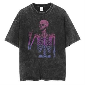 Yıkamalı Rock Skeleton Unisex Eskitme T-shirt