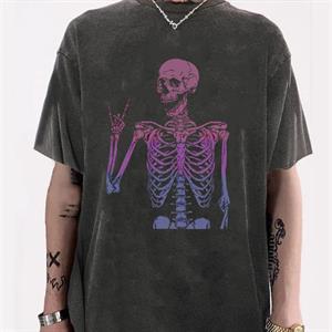 Yıkamalı Rock Skeleton Unisex Eskitme T-shirt