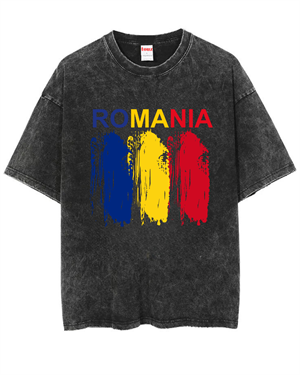 Yıkamalı Romania Baskılı Unisex Oversize Vintage T-shirt