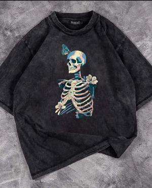 Yıkamalı Skull Butterfly Unisex Eskitme T-shirt