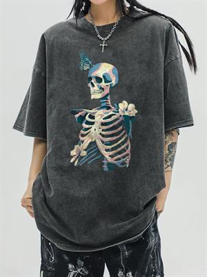 Yıkamalı Skull Butterfly Unisex Eskitme T-shirt