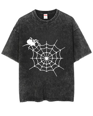 Yıkamalı Spider Baskılı Unisex Oversize Vintage T-shirt
