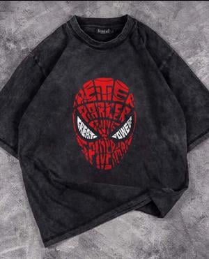 Yıkamalı Spider-Man Head Baskılı Oversize Eskitme T-shirt