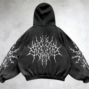 Yıkamalı White Gothic Vintage Kapüşonlu Sweatshirt