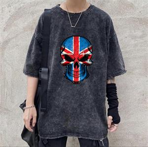 Yıkamalı UK Flag Skull Unisex Eskitme T-shirt