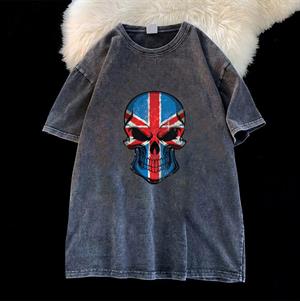 Yıkamalı UK Flag Skull Unisex Eskitme T-shirt