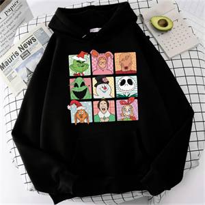 Yılbaşı Karakter Baskılı Siyah Unisex Oversize Kapüşonlu Sweatshirt