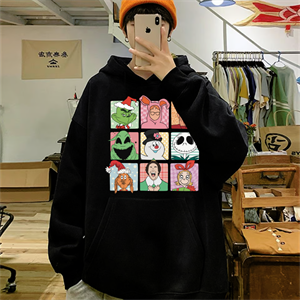 Yılbaşı Karakter Baskılı Siyah Unisex Oversize Kapüşonlu Sweatshirt
