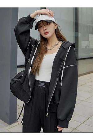 Zip Detaylı Sokak Tarzı Harajuku Oversize Fermuarlı Siyah Unisex Kapüşonlu Hırka