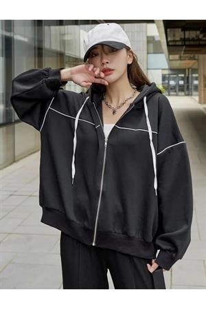 Zip Detaylı Sokak Tarzı Harajuku Oversize Fermuarlı Siyah Unisex Kapüşonlu Hırka