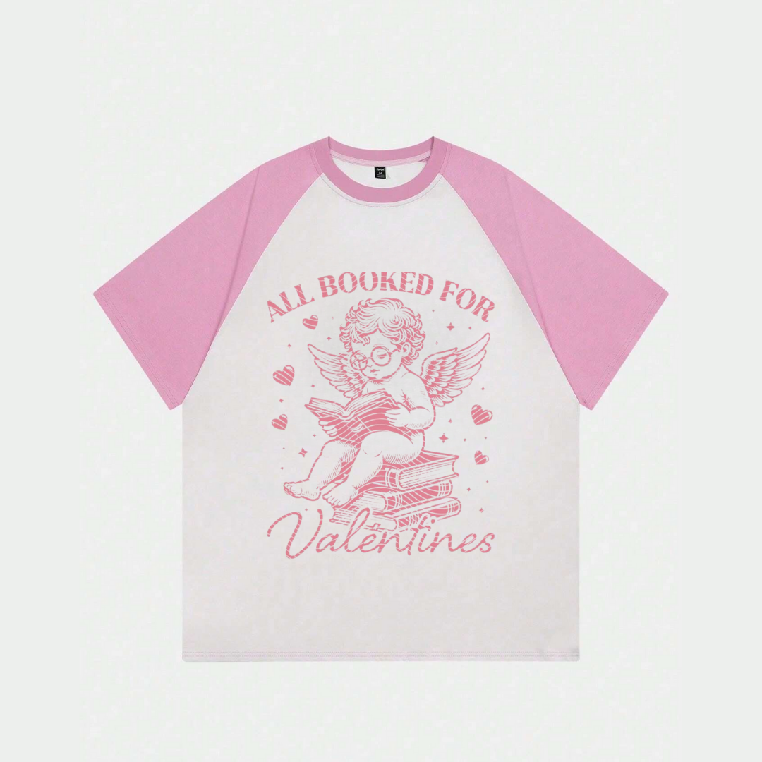  Beyaz Unisex Pembe Reglan Valentine's T-Shirt