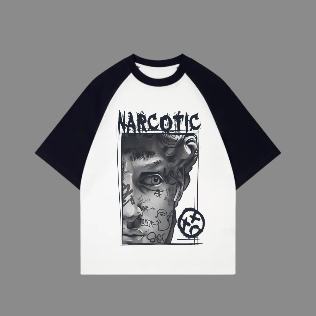  Beyaz Unisex Siyah Reglan Narco T-Shirt