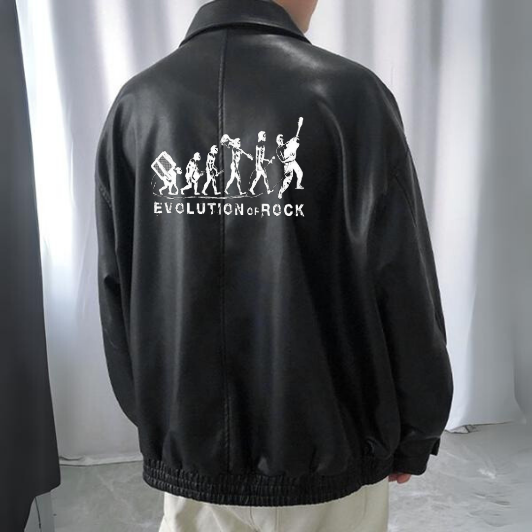  Evolution Of Rock Baskılı Streetwear Siyah Oversize Unisex Astarlı Deri Ceket