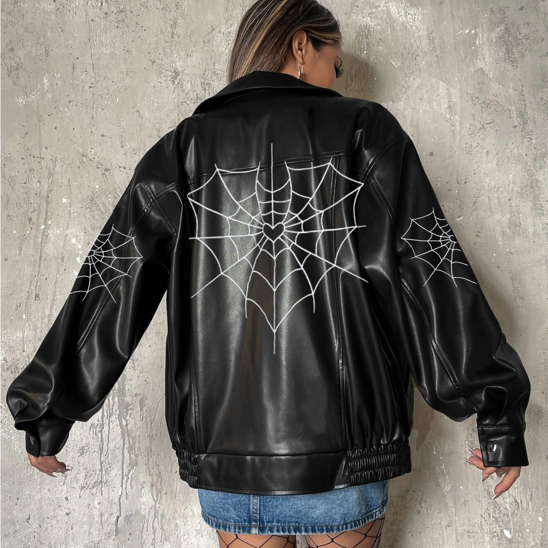  Heart Spider Web Baskılı Streetwear Siyah Oversize Unisex Astarlı Deri Ceket