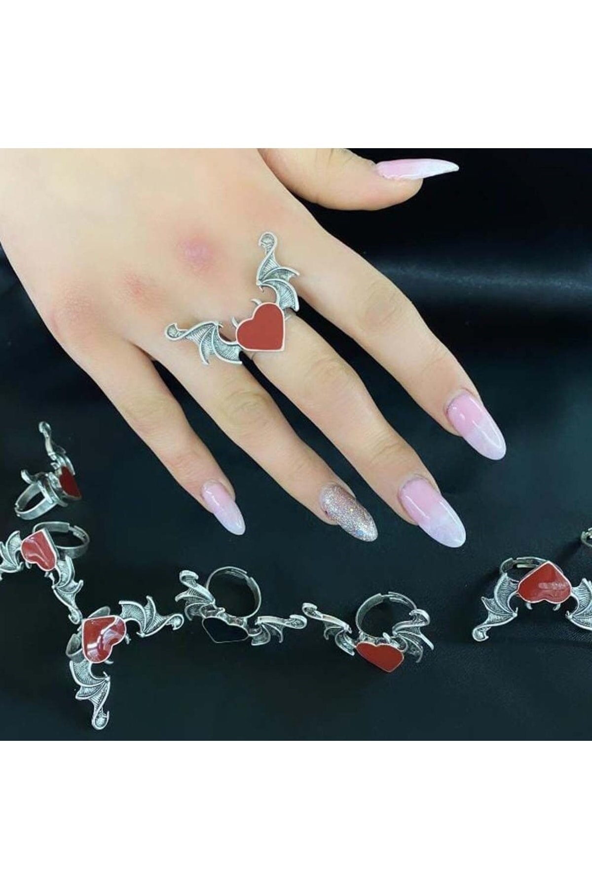  Kalp Heart Kırmızı Decor Çift Kanat Gümüş Kaplama Unisex Ayarlanabilir Yüzük