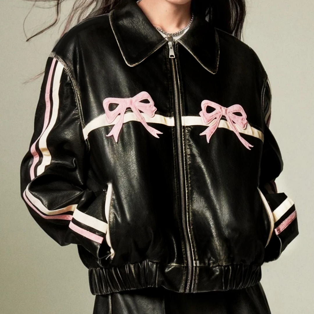  Kurdale Nakışlı Streetwear Siyah Oversize Unisex Astarlı Deri Ceket
