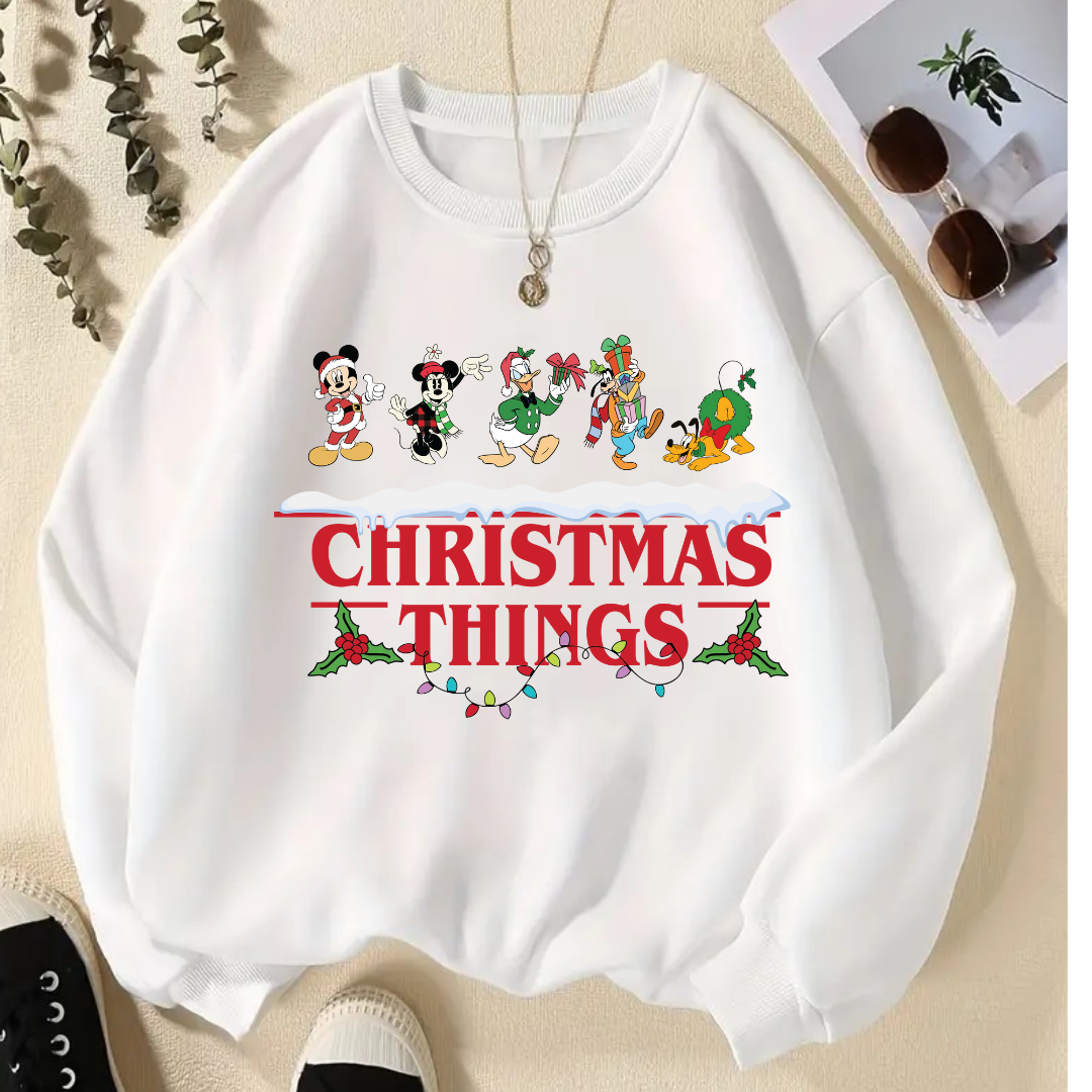 New Year Christmas Things Baskılı Beyaz Unisex Oversize Bisiklet Yaka Sweatshirt