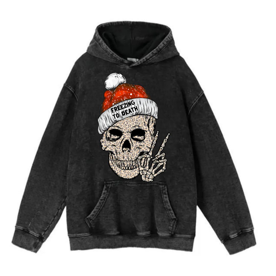  New Year Yıkamalı Skull Vintage Kapüşonlu Sweatshirt