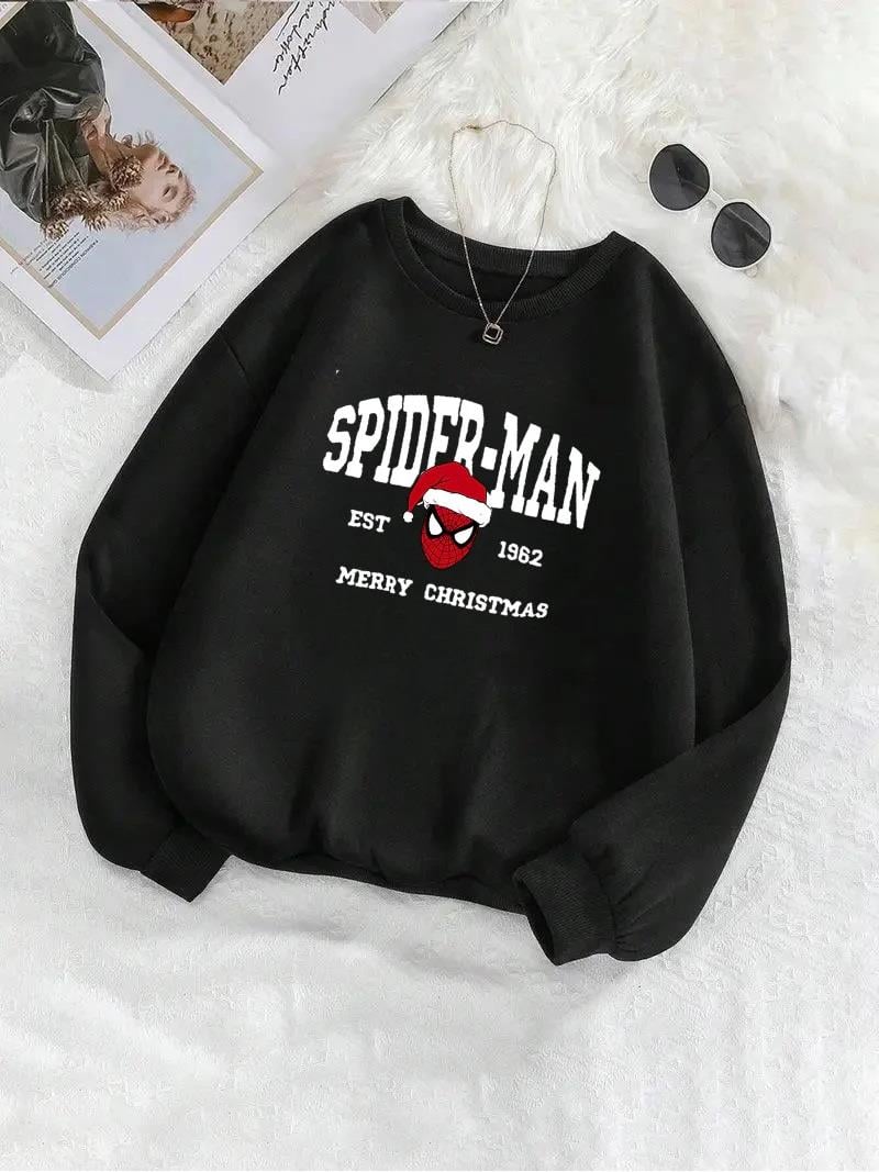  Spider Christmas Baskılı Siyah Unisex Oversize Bisiklet Yaka Sweatshirt