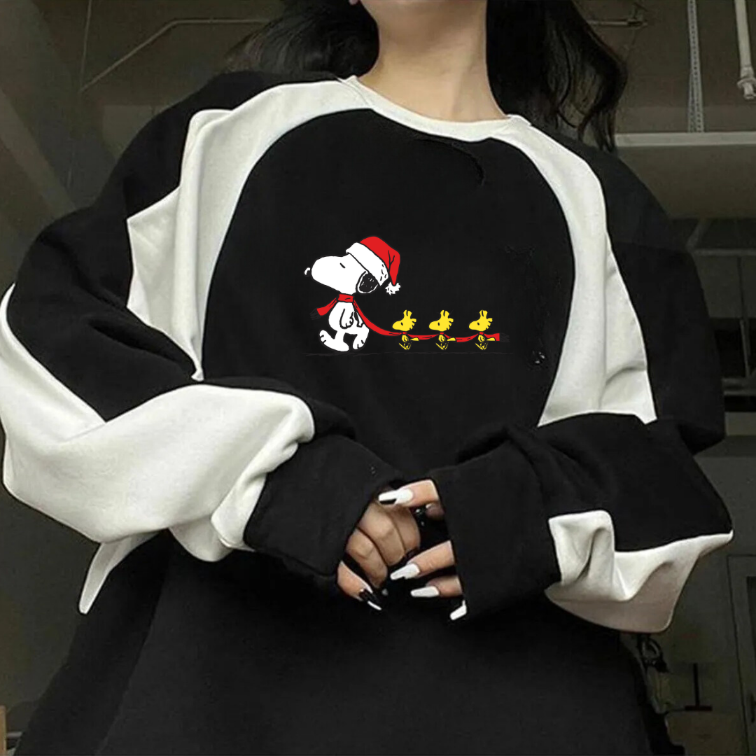  Streetwear New Year Snoopy Baskılı Siyah Unisex Oversize Bisiklet Yaka Sweatshirt