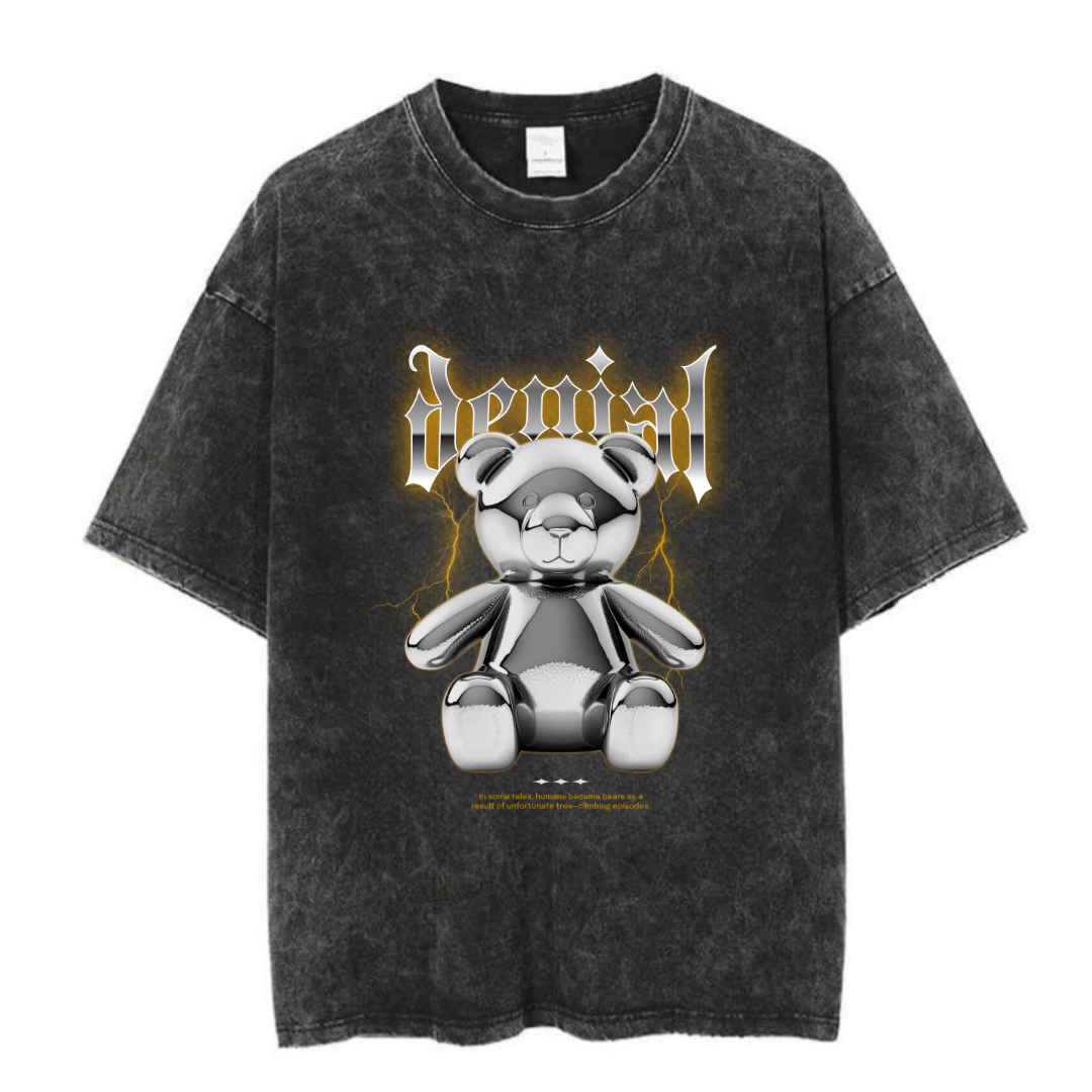  Yıkamalı Bear Baskılı Unisex Oversize Vintage T-shirt