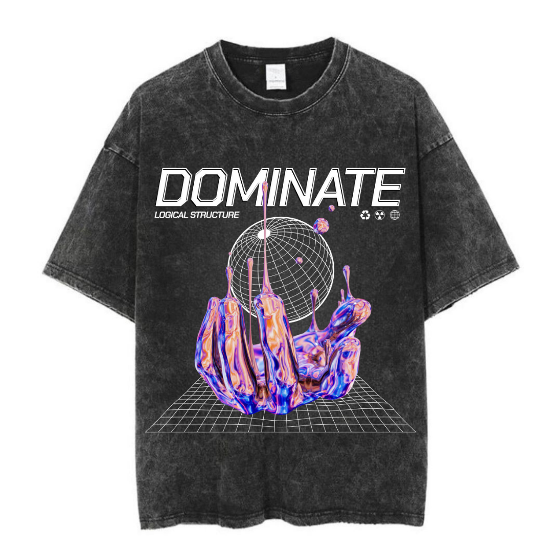  Yıkamalı Dominate Baskılı Unisex Oversize Vintage T-shirt