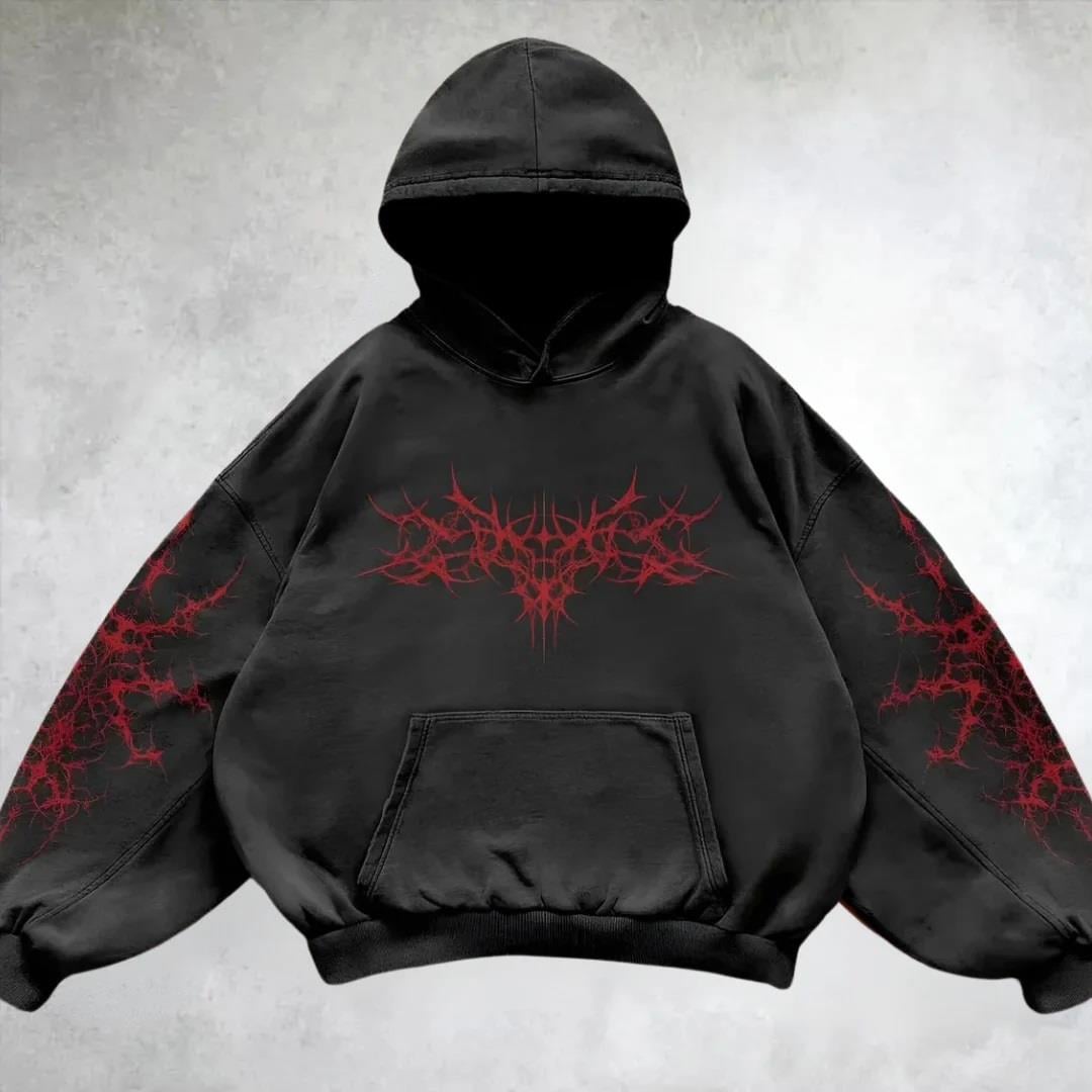  Yıkamalı Red Gothic Vintage Kapüşonlu Sweatshirt