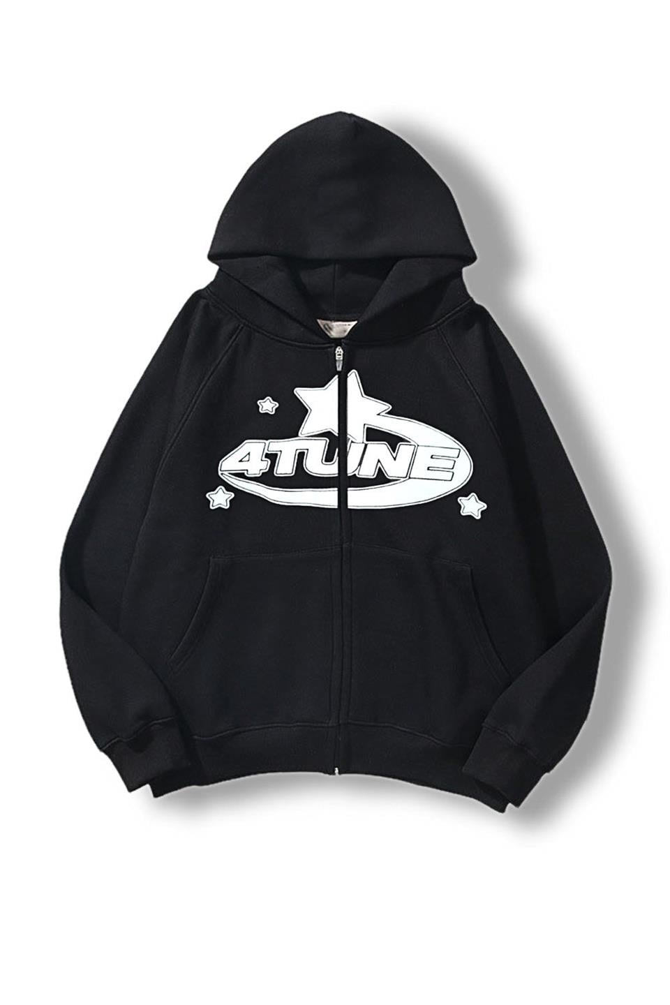 4 Tune Baskılı Baskılı Oversize Fermuarlı Siyah Unisex Kapüşonlu Hırka