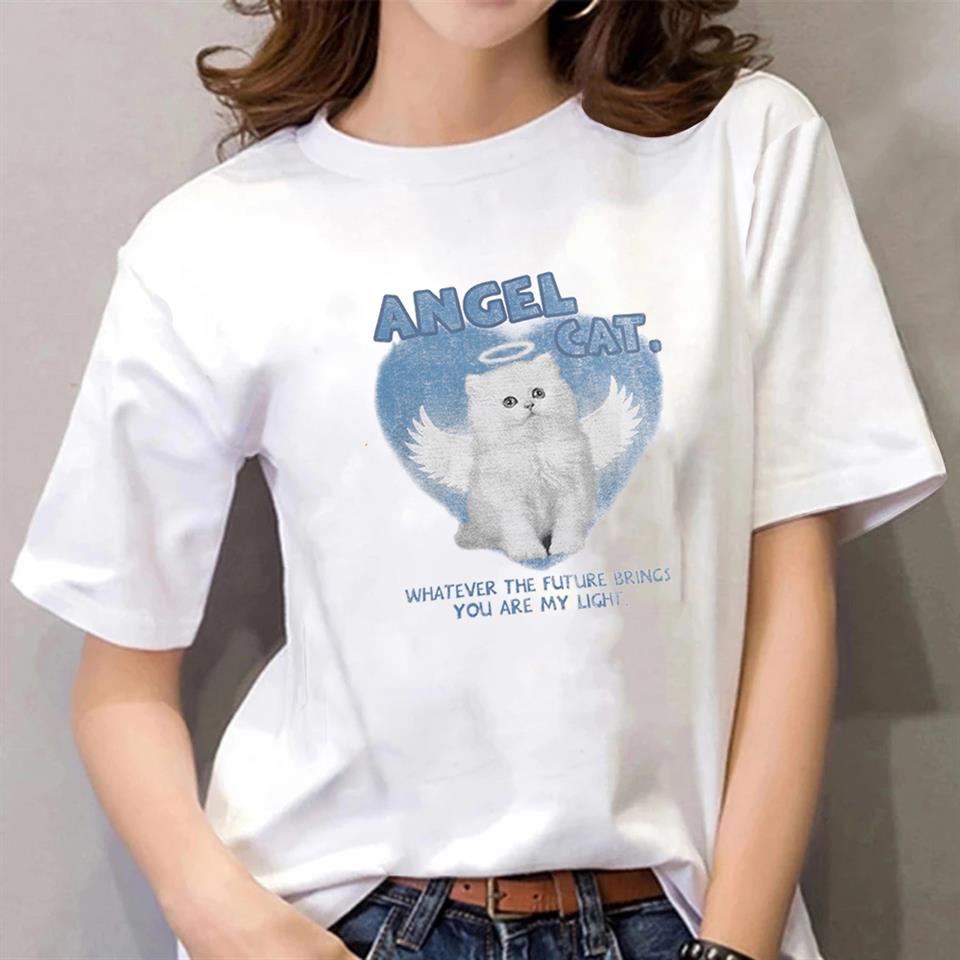 Angel Cat Baskılı Beyaz Unisex Oversize T-shirt