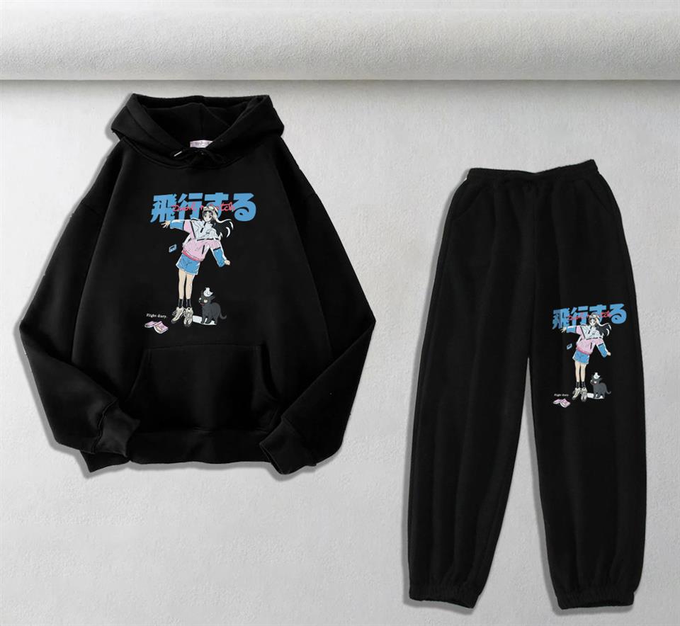 Anime Girl & Cat Baskılı Siyah Oversize Kapüşonlu Sweatshirt & Eşofman Altı Unisex İkili Takım