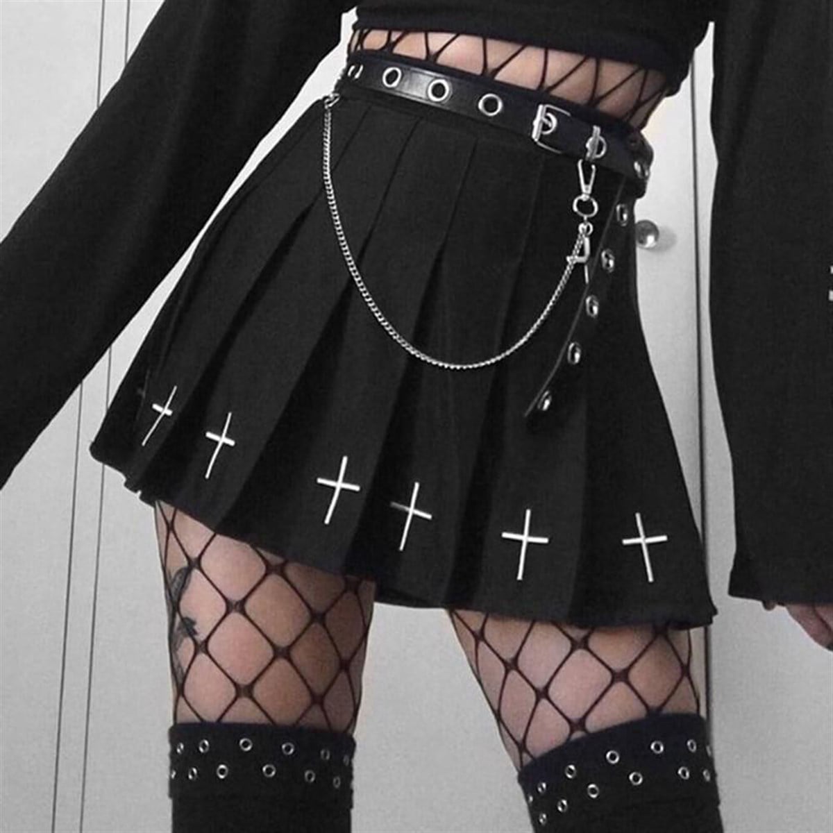 Anime Harajuku Punk Cross Print Dark Mini Etek