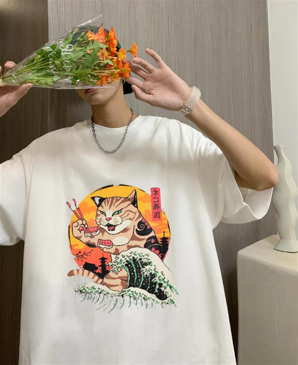 Artist Cat Baskılı Beyaz Unisex Oversize T-shirt