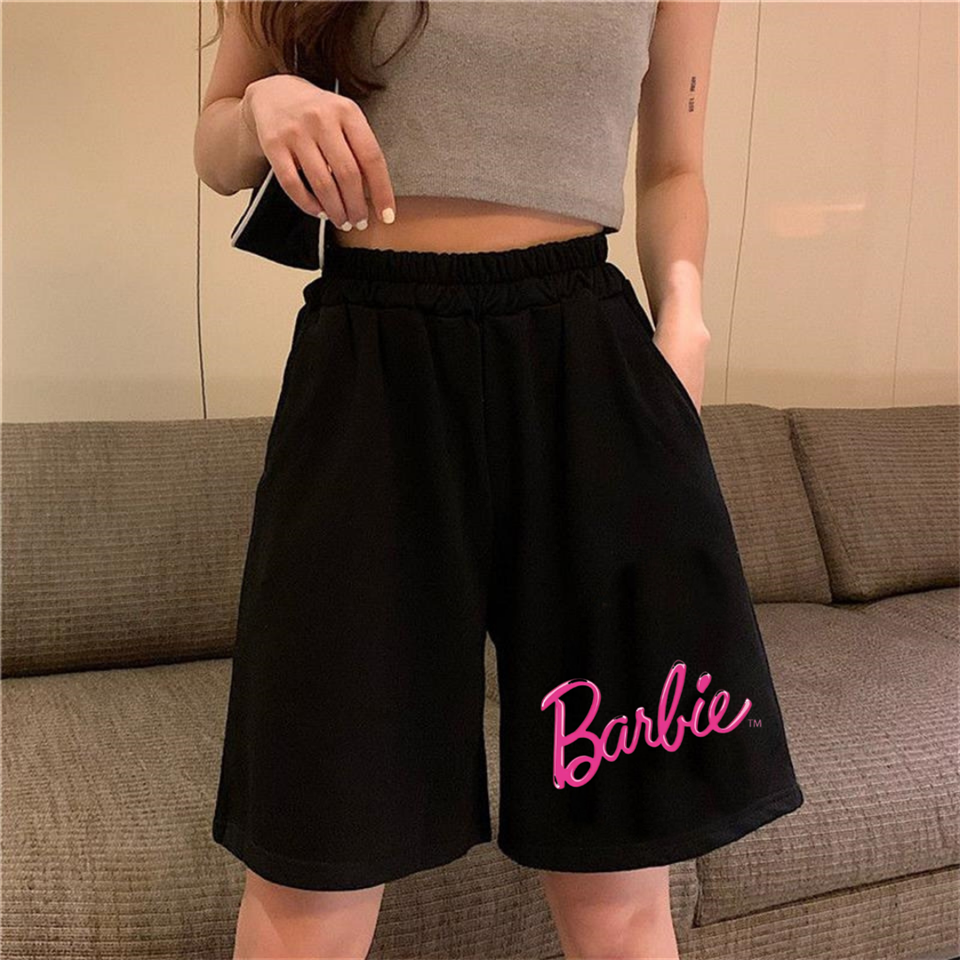 Barbie Baskılı Siyah Unisex Penye Şort