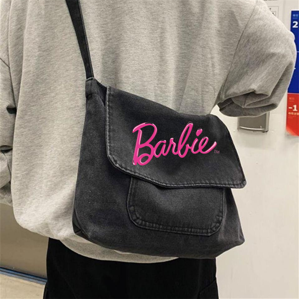 Barbie Pembe Baskılı Unisex Denim Postacı Çantası